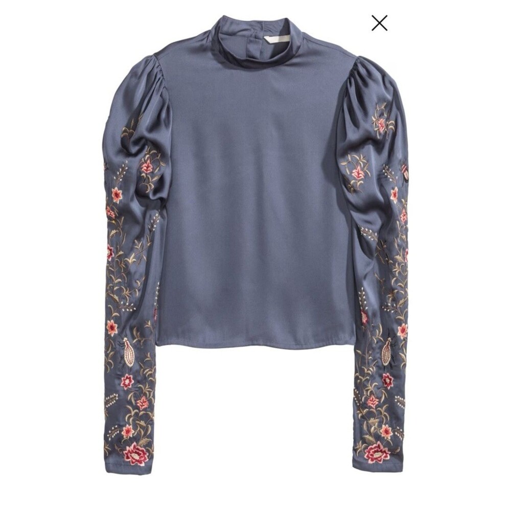 NWT H&M Gray Sz 6 Button Up Floral‎ Embroidered Puff Sleeve Blouse Top Satin